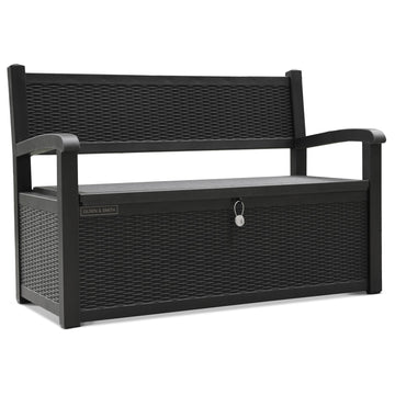 Olsen & Smith 265L Outdoor Garden Storage Bench – Weather-Resistant Rattan Effect Plastic Seat with Lockable Storage Box, Patio Furniture Chest for Tools, Cushions & Toys – Black